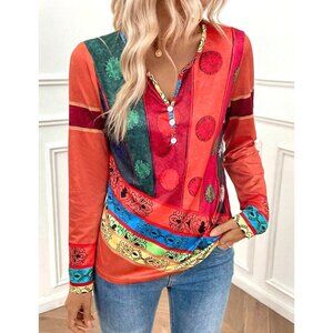 Boho Long Sleeve Printed Top Small